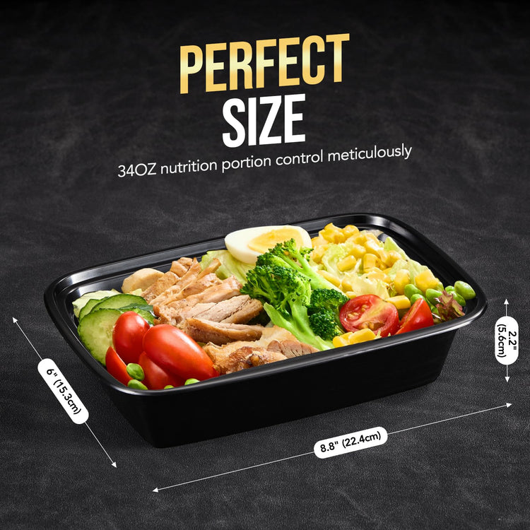100-Piece (50-Pack) 34 OZ Meal Prep Containers Reusable with Lids, Sturdy Leakproof & Food Safe, Microwave, Freezer, Dishwasher Safe To Go Food Containers, Plastic Take Out Containers, Black (50 Count)