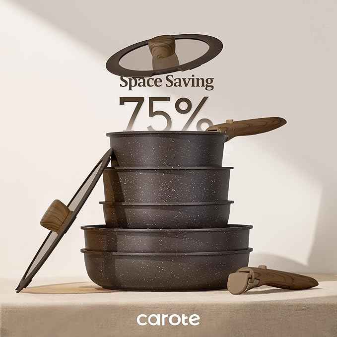 CAROTE 17PCS Pots and Pans Set Non Stick with Detachable Handle, Nonstick Cookware Sets, Cooking Kitchen Set, Oven/Dishwasher Safe, Induction Cookware, Brown, RV Kitchen Pot and Pan