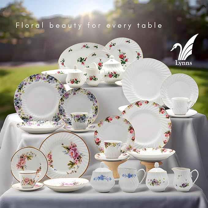 Lynns Paradise 45-Piece Serafina Dinnerware Set, 24K Gold Trim Embossed Swirl Floral Plates & Bowls Apartment Essentials Home Kitchen Dinner Accessories