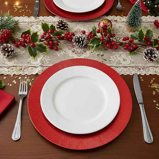Tanlade 50 Pcs Charger Plates Bulk, 13 Inch Plastic Round Charger Dinner Plates Elegant Wedding Serving Plate for Event Tabletop Wedding Party Bridal Baby Shower Decor (Red)