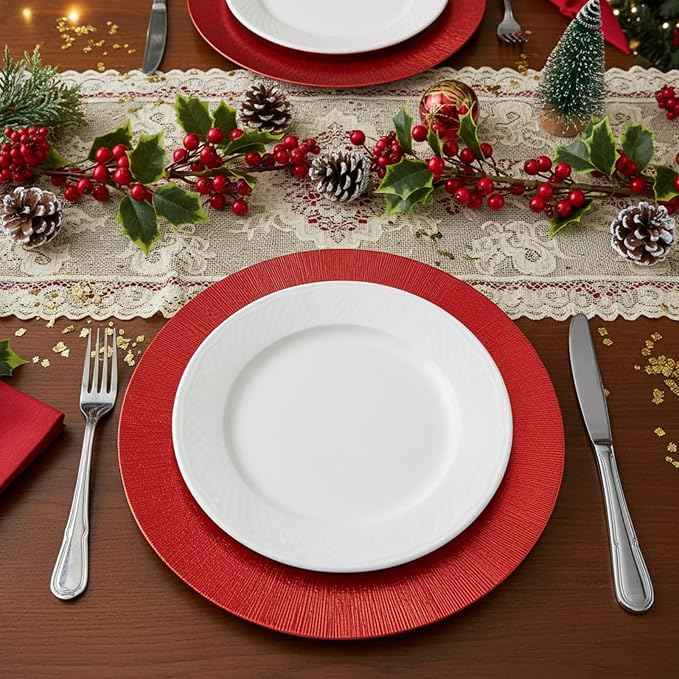 Tanlade 50 Pcs Charger Plates Bulk, 13 Inch Plastic Round Charger Dinner Plates Elegant Wedding Serving Plate for Event Tabletop Wedding Party Bridal Baby Shower Decor (Red)