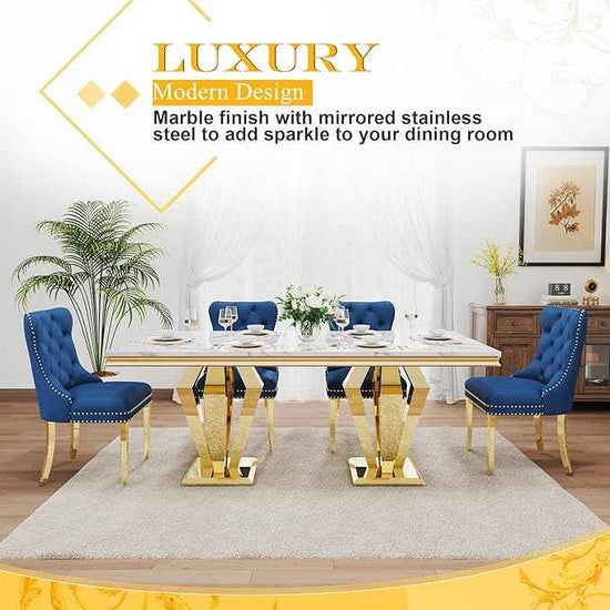 7 Piece Luxury Dining Room Set, Modern Dining Table and Upholstered Chairs Set, Marble Kitchen Table Set for 6, Big Kitchen Dinner Tables Kit with Silver Base