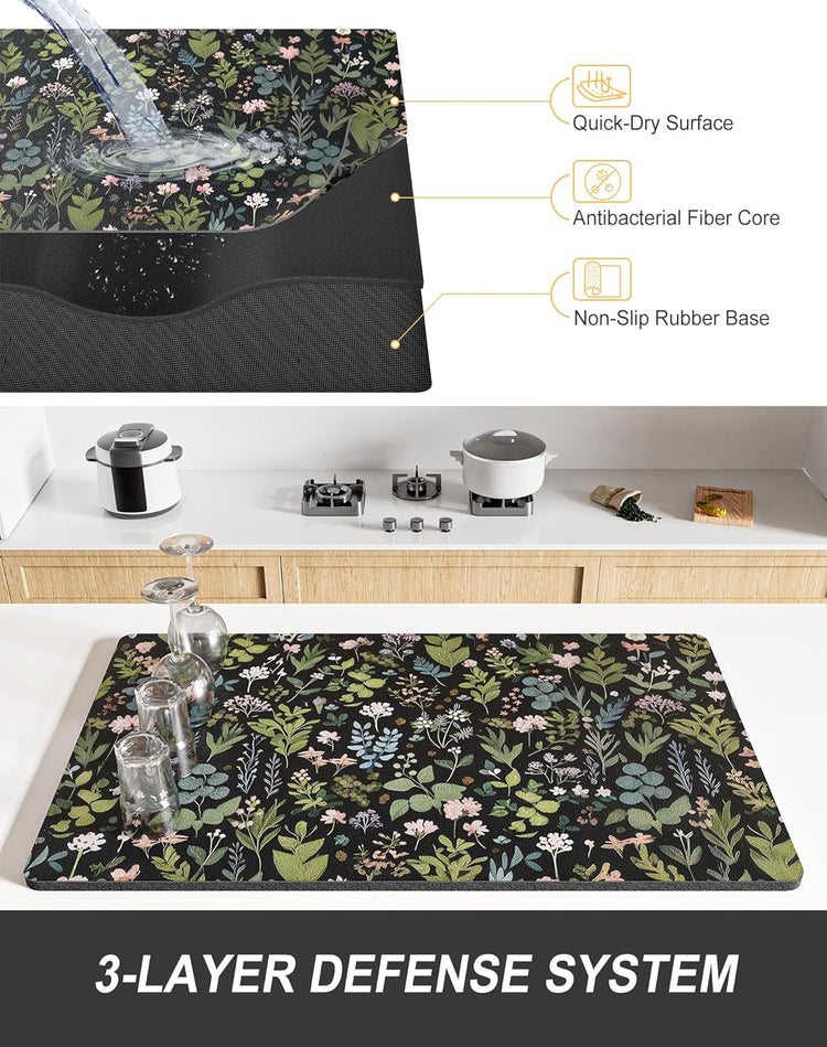 Rnivvi Dish Drying Mat for Kitchen Counter, XL 15 x 24" Cute Flower Theme Super Absorbent Drainer Pad, Non-Slip Heat Resistant Coffee Bar Mat for Coffee Machine Station Accessories,Black Dish Rack Pad