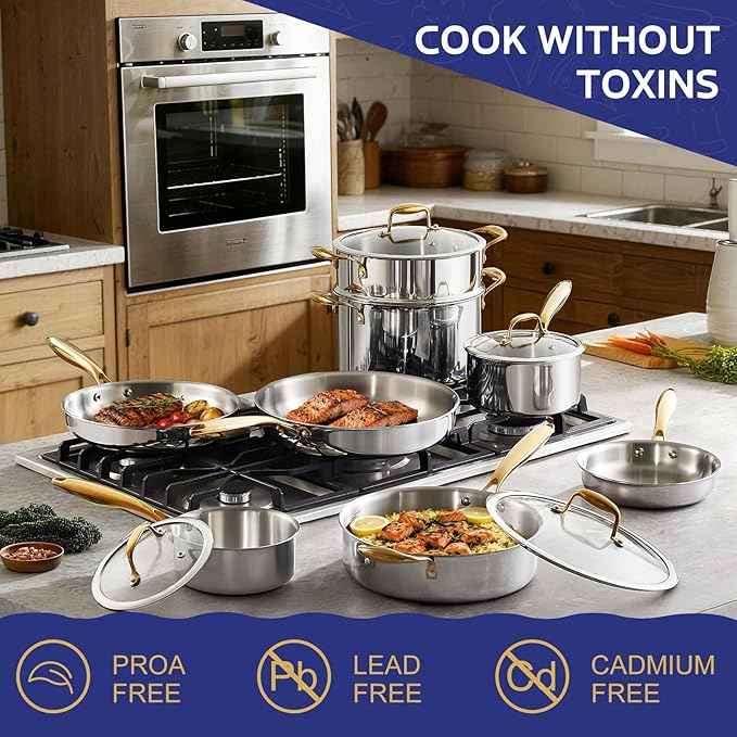 Triple Ply Stainless Steel Pots and Pans Set, EWFEN 12 Piece Induction Cookware Set, Oven Dishwasher Safe | Frying Pans, Saucepans, Saute Pan & Stock Pot, PFOA Free Kitchen Skillet, Gold