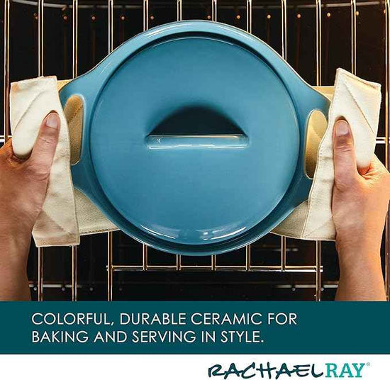 Rachael Ray Solid Glaze Ceramics Casserole Bakeware/Baker Set with Shared Lid, 3 Piece, Agave Blue