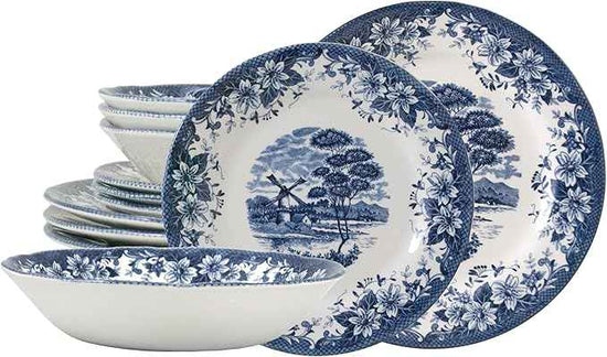 TUDOR ROYAL 12-Piece Porcelain Round Dinnerware Set, Service for 4, WINDMILL BLUE Design, Blue Floral, Plates Bowls Dishes, Premium Quality Tableware, Unique Pattern, Glossy