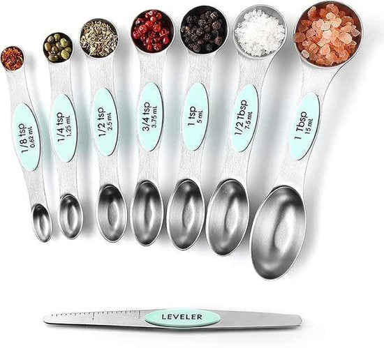 Spring Chef Stainless Steel Magnetic Measuring Spoons Set of 8 with Leveler, Metal Teaspoon & Tablespoon Measuring Spoons, Fits in Spice Jars, Kitchen Gadgets for Baking & Cooking - Set of 2 - Mint