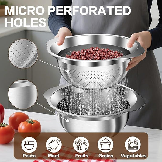 Stainless Steel Strainer with Mixing Bowl, Rice Washer, Colander for Kitchen, Rice Strainer, Fruit and Vegetable Wash, Microporous Colander, Fruit Cleaner Bowl, Dishwasher Safe, 2 Quart