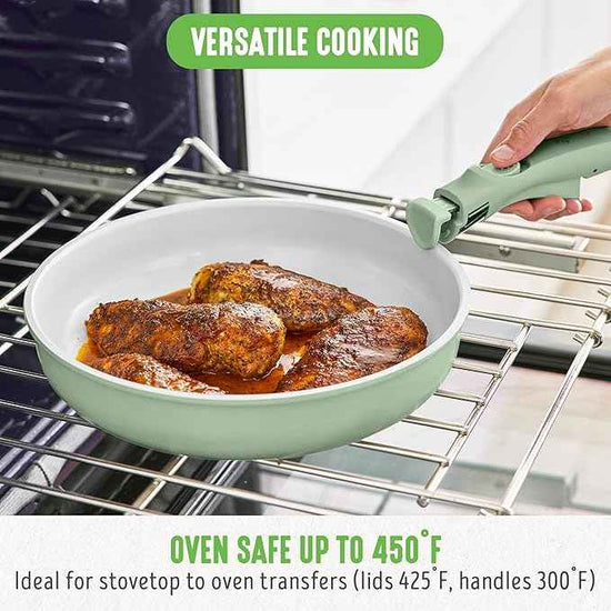 GreenLife 10 Piece Nonstick Pots & Pans Set, Detachable Handle & Stackable Cookware Set, Non Toxic PFAS-Free Skillets, Induction Kitchen Pans, Space Saving, Serving Bowls, Oven Safe, Sage Green