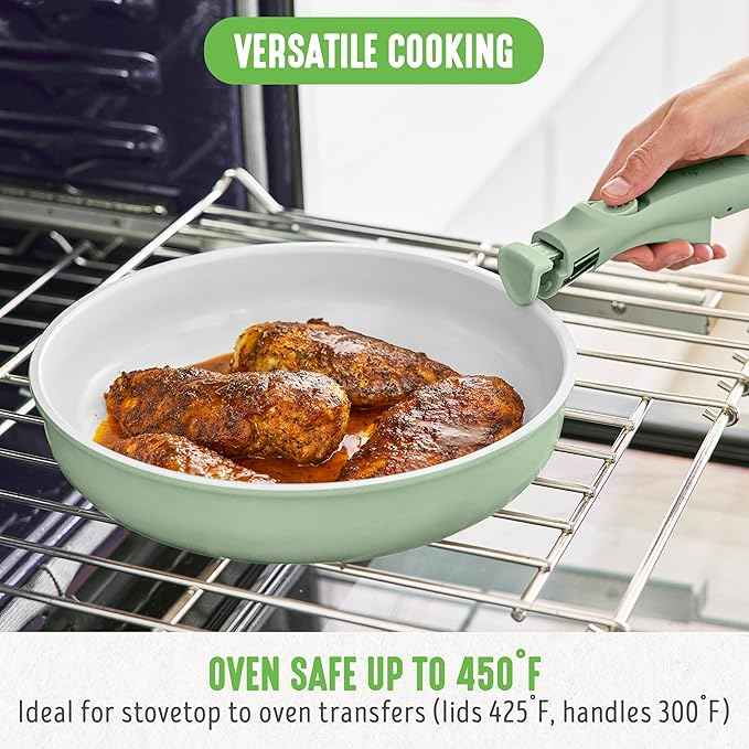 GreenLife 10 Piece Nonstick Pots & Pans Set, Detachable Handle & Stackable Cookware Set, Non Toxic PFAS-Free Skillets, Induction Kitchen Pans, Space Saving, Serving Bowls, Oven Safe, Sage Green