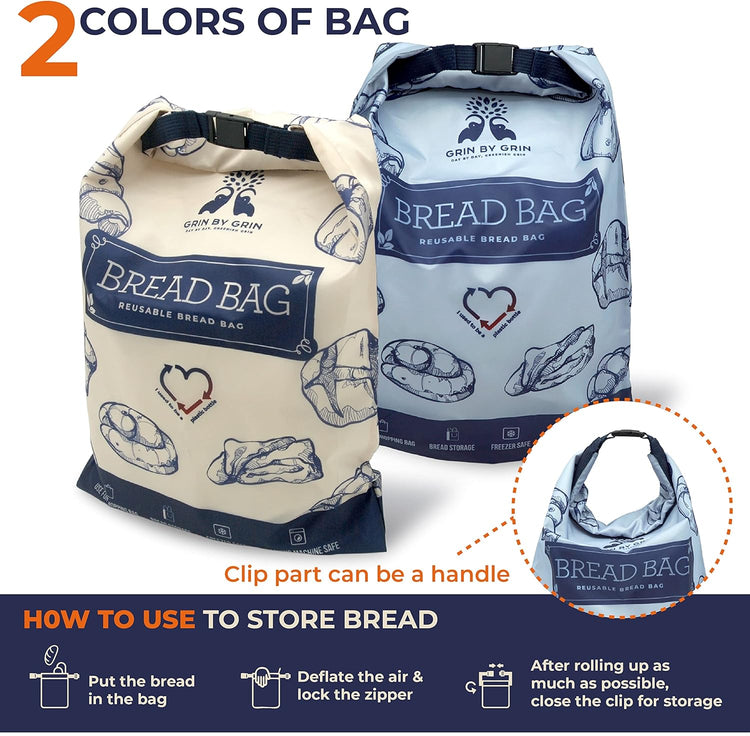 GRIN BY GRIN- 2 Packs Bread Bags, Zipper Reusable Bread Bags for Homemade Loaf, Freezer Sourdough Container, Fresh Keeping Extra Large, Reusable Food Storage Bag