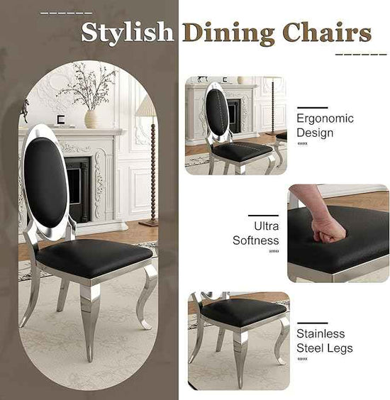 Modern Dining Chairs Set of 2, Luxury Faux Leather Upholstered Armless Dining Room Chair with Mirrored Stainless Steel Silver Legs, Mid Century Accent for Wedding Party Banquet Reception, Black