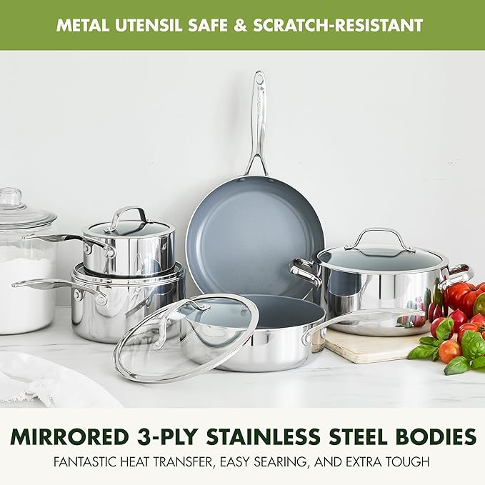 GreenPan Valencia Pro Tri-Ply Stainless Steel 9 Piece Cookware Set, PFAS-Free Ceramic Nonstick Coating, Induction Ready Pots & Pans, All Cooktops, Dishwasher & Oven Safe to 600F