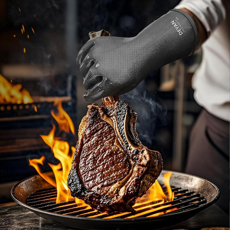 DEYAN Silicone BBQ & Oven Gloves - Food Grade, Heat Resistant Waterproof & Oil Proof Gloves for Grilling, Baking, Frying, Cooking - Long Sleeve & Non-Slip Grip, 1 Pair(Black, 9/L)