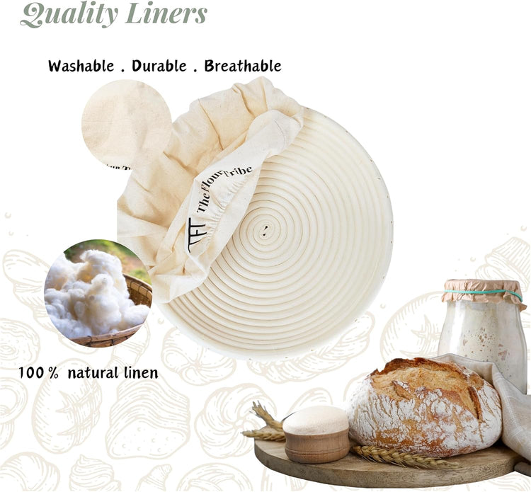 Banneton Bread Proofing Basket: Banneton Basket Set of 2, 9 inch Sourdough Proofing Basket Round Proofing Bowls Handmade Rattan baskets w Linen liners for Dough Proofing, Sourdough Bread Making Kit