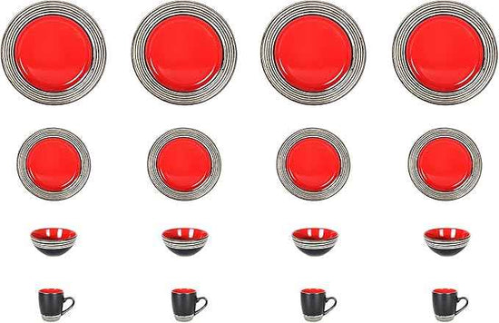 16 Piece Dinnerware Set, Ceramic Plates and Bowls Sets for 4, Microwave and Dishwasher Safe, Handcrafted Tree Bark Series Dish Set, Strawberry/Red