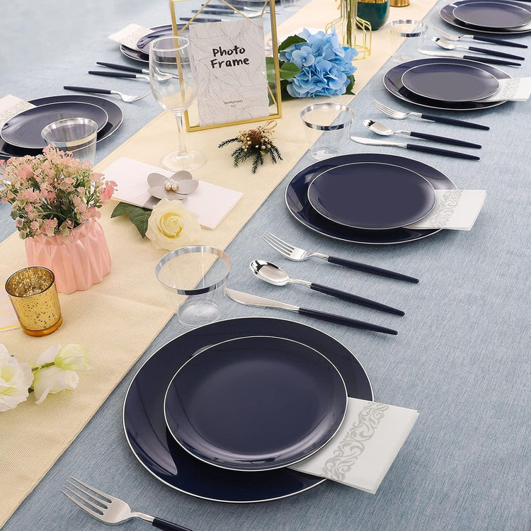 KIRE 175Pcs Blue Plastic Plates with Silver Rim & Disposable Silverware with Blue Handle & Silver-rim Cups & Hand Napkin & Plastic Dinnerware for Parties/Wedding