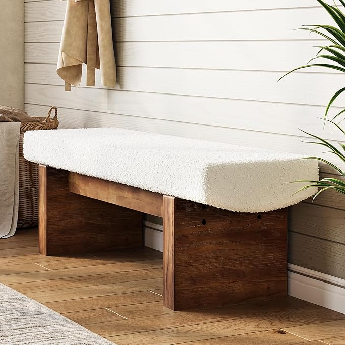 LITTLE TREE 55" Solid Wood Entryway Bench, Upholstered Bedroom Bench with Faux Lamb Wool, Dining Bench for Kitchen, Living Room, End of Bed, or Foyer (Warm White & Walnut)