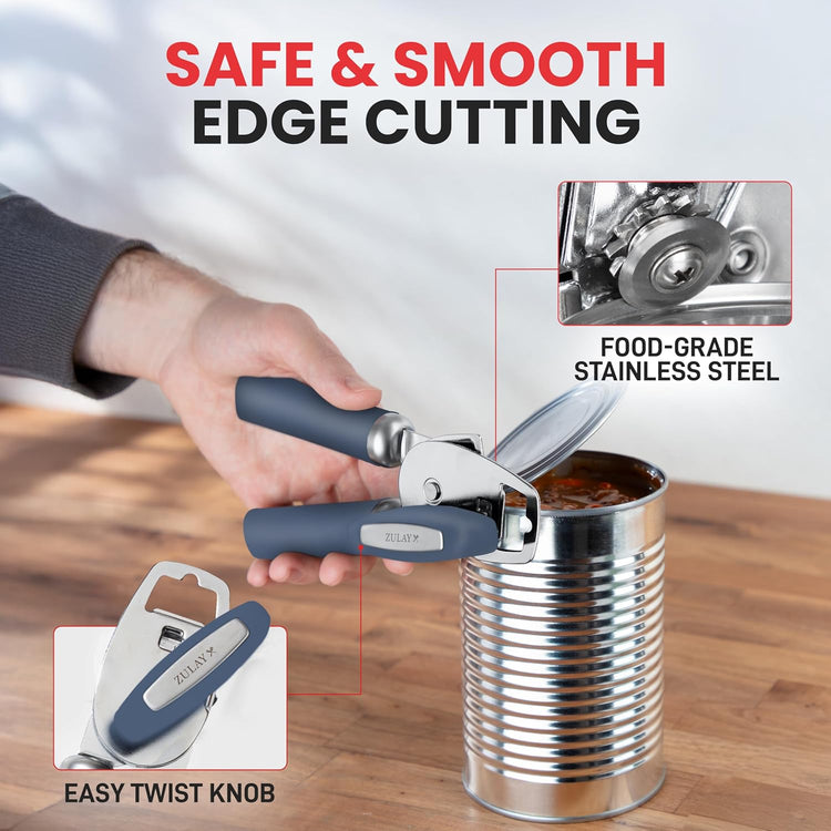 Zulay Kitchen Heavy Duty Stainless Steel Can Opener Manual with Bottle Opener - Rust Proof Manual Can Opener With Turn Knob & Comfy Soft Grip Handles - Blue