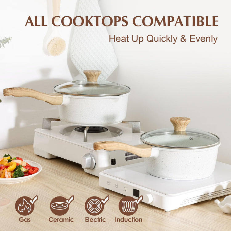 White Ceramic Nonstick Saucepan with Lid Set (2 Count)
