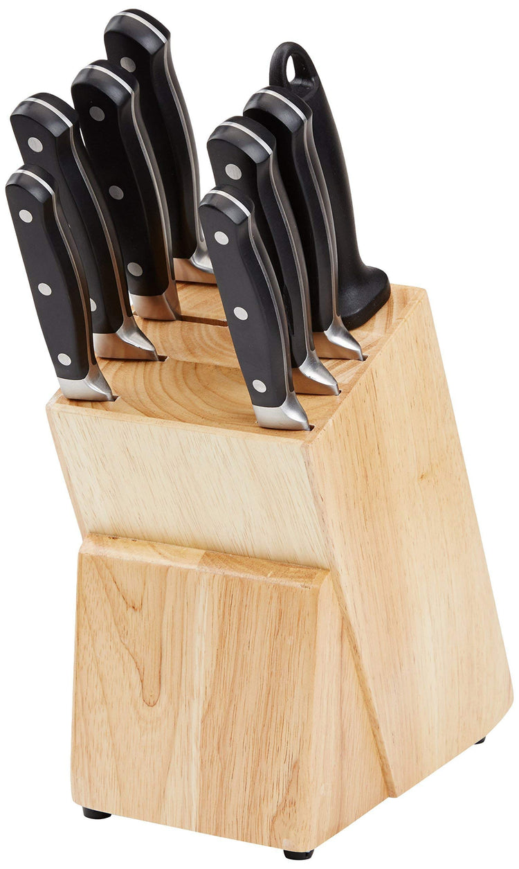 9-Piece High-Carbon Stainless Steel Kitchen Knife Set with Ergonomic Handles, Full Tang Construction, Pine Wood Block, Black (9 Count)