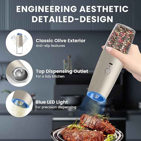 Rechargeable Electric Salt and Pepper Grinder set of 2, gravity electric salt and pepper grinder set, Adjustable Roughness, LED Light, 2 Pack, (Khaki)