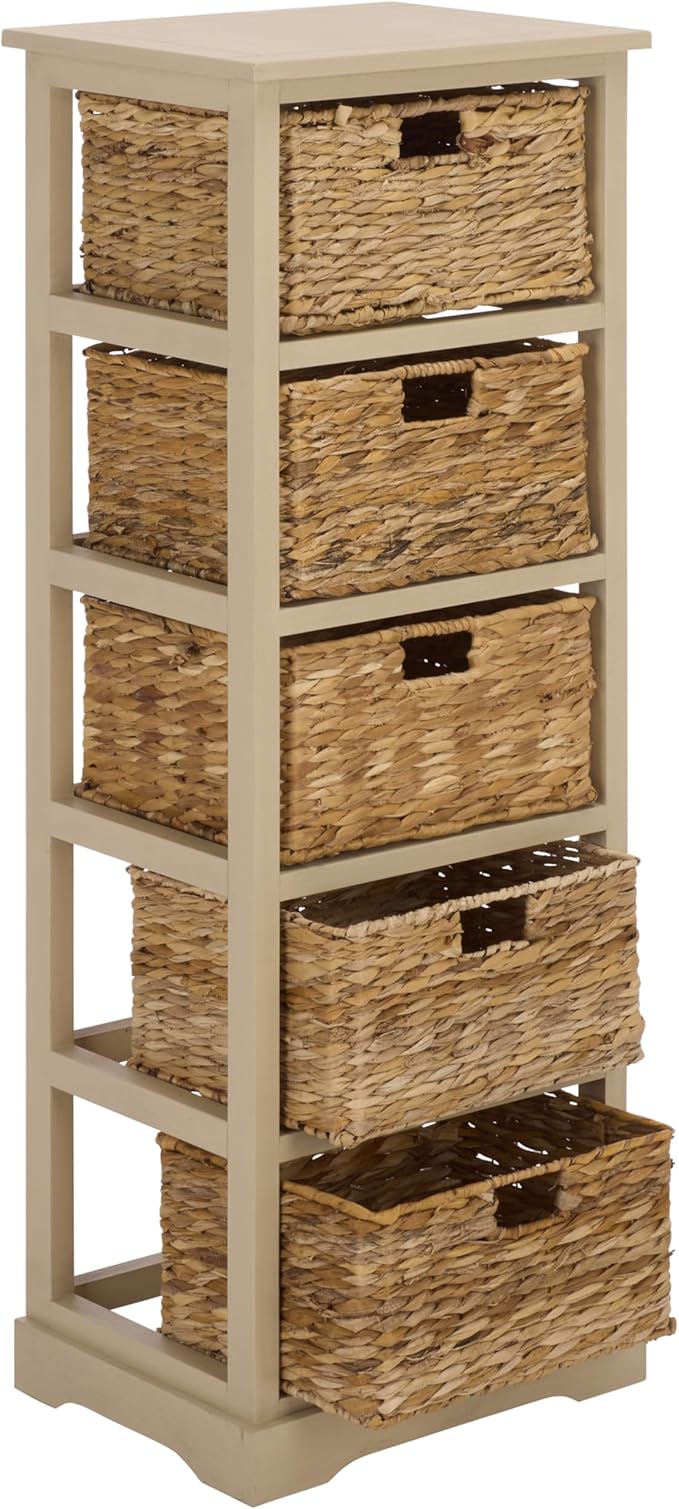 SAFAVIEH Home Collection – Vedette Sand 5-Basket Storage Tower, Natural Rattan Accent Design, Fully Assembled (AMH5739G)