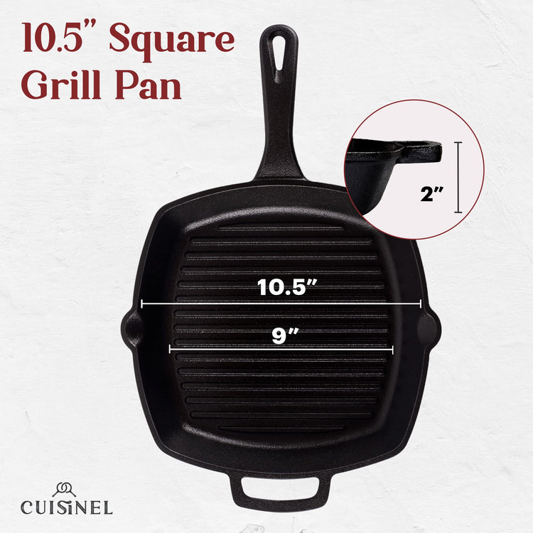 Cast Iron Square Grill Pan + Glass Lid + Pan Scraper + Handle Cover
