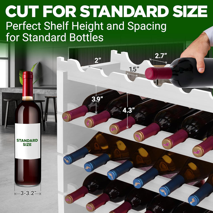 NutriChef Bamboo Stackable Wine Rack, 8-Tier 72 Bottle Capacity Wine Racks Free Standing Floor, No Tools Assembly, Modular Storage Display Shelf for Kitchen and Cellar 33.5" x 10" x 42", White