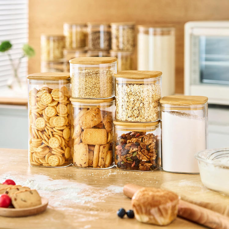 42oz - 4 Pack Square Glass Jars with Bamboo Lids, Glass Food Storage Containers with Airtight Lids for Kitchen, Air Tight Pantry Storage Containers for Cereal, Pasta, Rice, Sugar, Coffee, Spice