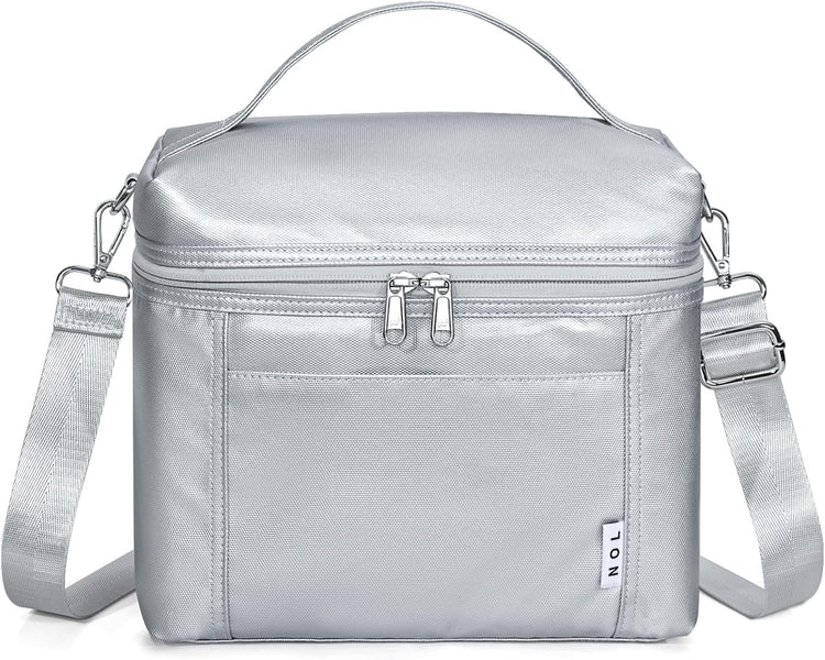 NOL Natural Organic Lifestyle Insulated Lunch Bags for Women Cooler Bag Lightweight Nylon Waterproof Lunch Box For Work (Silver, Medium(normal))