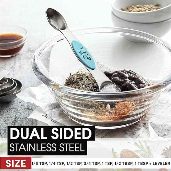 Spring Chef Stainless Steel Magnetic Measuring Spoons Set of 8 with Leveler, Nesting Metal Teaspoon & Tablespoon Measuring Spoons, Fits in Spice Jars, Kitchen Gadgets for Baking & Cooking - Aqua Sky