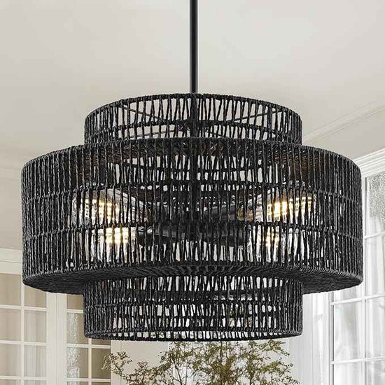 4-Light Black Boho Rattan Chandelier Light Fixture, 17.7” Hand Woven Rustic Chandeliers Farmhouse Chandelier Hanging Light for Dining Room Kitchen Island, Living Room, Foyer