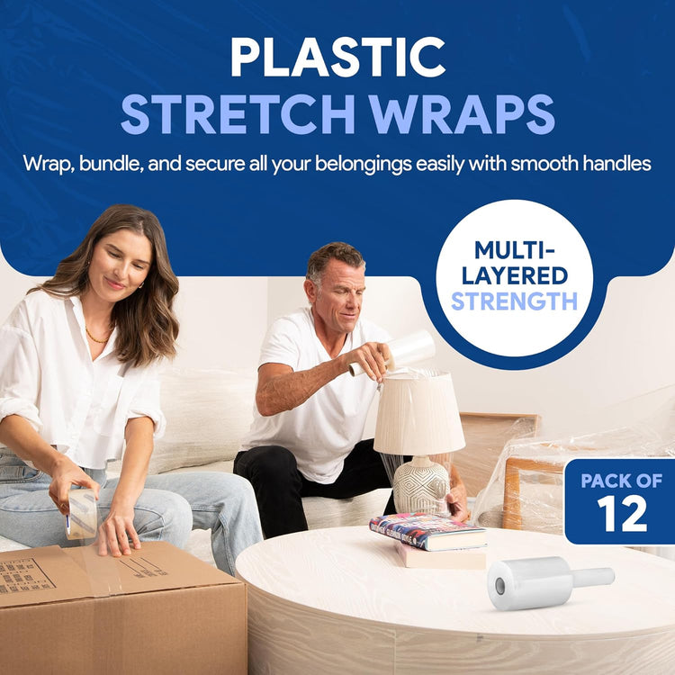 International Plastics Co. 12 Pack of 5" Plastic Stretch Film Wrap with Handles 1000 feet Each 500% Stretch Ability