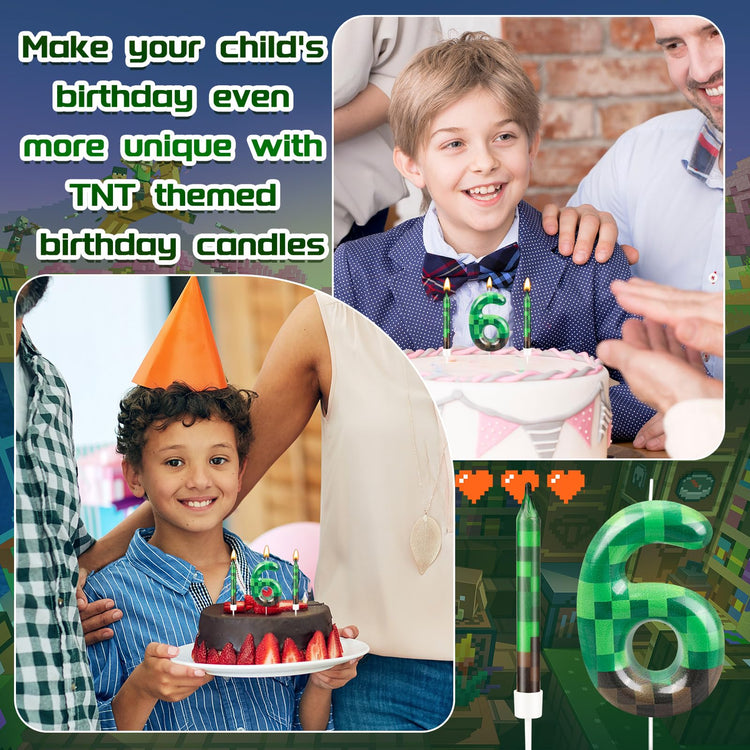 13 Pcs Dynamite Candles 12 TNT Themed Birthday Cake Candles and Number 6 Candle Cake Topper for Pixel Theme Birthday Party Anniversary Party Dynamite Theme Party Video Game Party Supplies (13 Count)