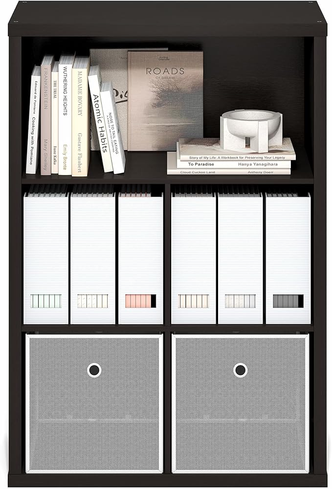 Furinno Cubicle Book Shelf, 5-Cube Bookshelf, Extra Thick Frame Cube Storage Organizer Bookcase with Closed Back, 15.3 x 29.9 x 43.3, for Living Room, Bedroom, Home Office, Black Dark Oak