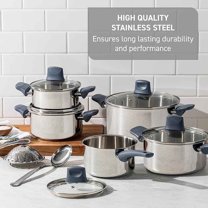 T-fal Essentials Stainless Steel Fry Pan w/Non Stick Coating 10.5 Inch, Induction Compatible, Oven Safe 350F, Heat Indicator, Nonstick Frying Pan, Versatile Skillet, Dishwasher Safe, Silver/Blue