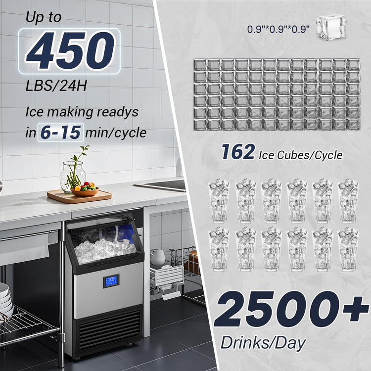 450Lbs 24H Under Counter Commercial Ice Machine with 160LBS Large Storage Bin