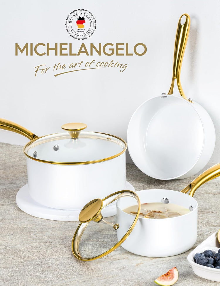 MICHELANGELO Sauce Pan with Lid, Nonstick Ceramic Saucepan Set-1Qt & 2Qt & 3Qt, Small Pots with Ergonomic Handle, Sauce Pans Sets Oven Safe, White
