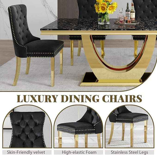 Marble Dining Table Set for 6,70" Black Faux Marble Kitchen Tables and Velvet Chairs for 6,7 Piece Luxury Dining Room Table Set and 6 Upholstered Chairs with Gold Stainless Steel Bases