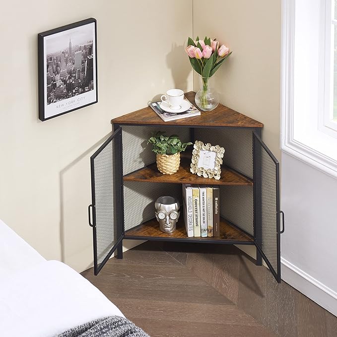 VECELO Corner Cabinet/Table, 3-Tier Display Shelves with Protection Door, Metal Frame Storage Shelf Organizer for Small Space, Living Room, Kitchen, Bathroom