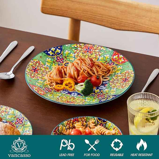 vancasso 12 Pieces Dinnerware Sets, Green Plates and Bowls Set, Porcelain Dishes Set for 4, Microwave and Dishwasher Safe, Scratch Resistant, Bohemian Style Dining Ware Service for 4, Series SIMI