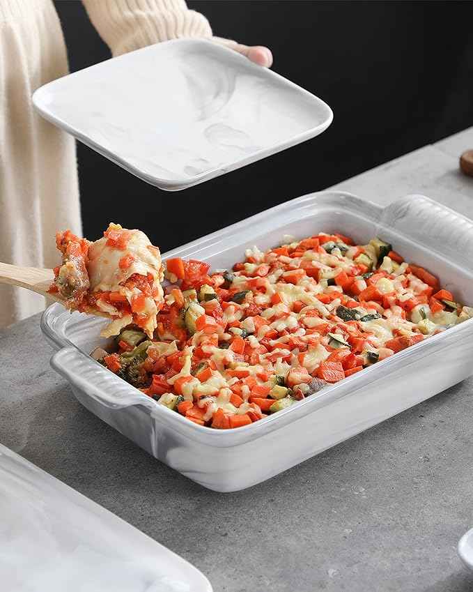 MALACASA Casserole Dish With Lid, 3.4 Quart Baking Dish With Lid, Lasagna Pan Deep Ceramic Bakeware Covered Casserole Dish, Microwave, Oven Safe, Series BAKE-GREY