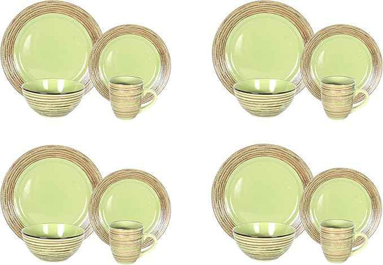 16 Piece Dinnerware Set, Ceramic Plates and Bowls Sets for 4, Microwave and Dishwasher Safe, Handcrafted Tree Bark Series Dish Set, Oak Forest/Dark Green