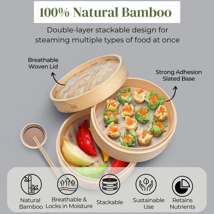 Flexzion Bamboo Steamer Basket Set (10 inch), 50 x Steamer Liners and 2 Pairs of Chopsticks, Steam Baskets for DimSum Dumplings, Rice, Vegetables, Fish and Meat