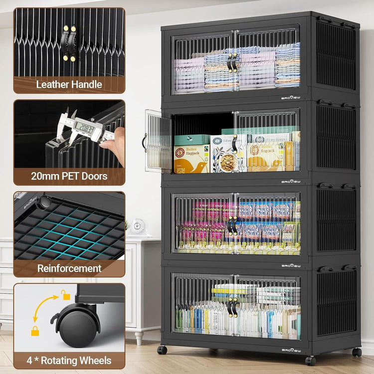 800Qt Extra Large Stackable Storage Bins with Lid, Closet Organizer Collapsible Drawer Boxes with Wheels, Folding Plastic Cabinet Containers for Home Kitchen Room Organization, 4Pack Black