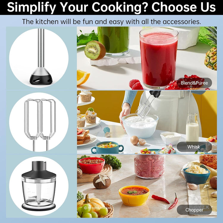 Immersion Blender 1000 Watts Scratch Resistant Hand Blender,20 Speed and Turbo Mode Hand Mixer, 3-in-1 Heavy Duty Copper Motor Stainless Steel Smart Stick with Egg Beaters and Chopper