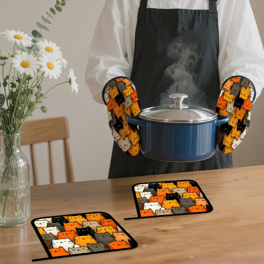Funny Cute Cat Oven Mitts and Pot Holders Set (4 Count)