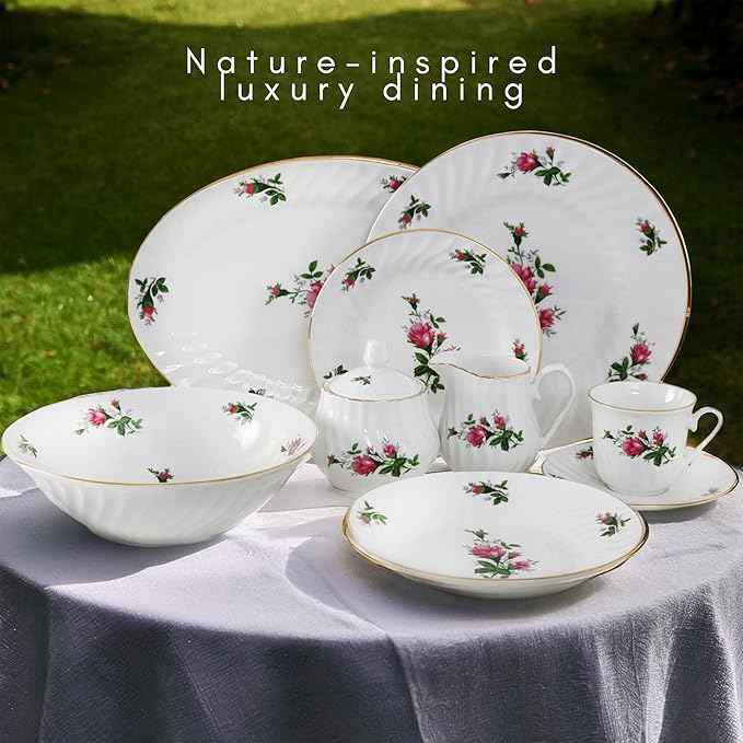 Lynns Paradise 45-Piece Vintage Rose Dinnerware Set, 24K Gold Trim | Embossed Swirl Floral Plates & Bowls | Apartment Essentials | Home Kitchen Dinner Accessories