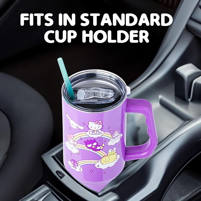 Silver Buffalo Sanrio Hello Kitty and Friends Featuring My Melody, Cinnamoroll, Kuromi, Chococat, Badtz-Maru, Keroppi, and Pompompurin Double Walled Stainless Steel Tumbler with Handle, 40 Ounces